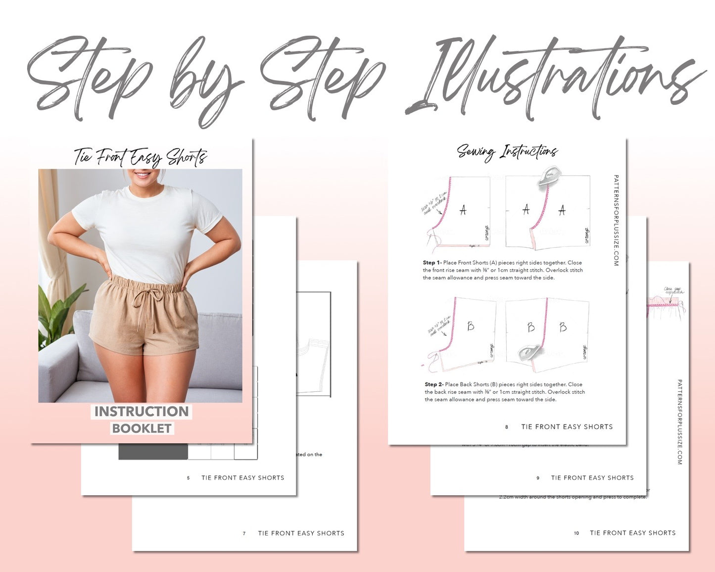 Plus Size Tie Front Easy Shorts sewing pattern step by step illustrations.