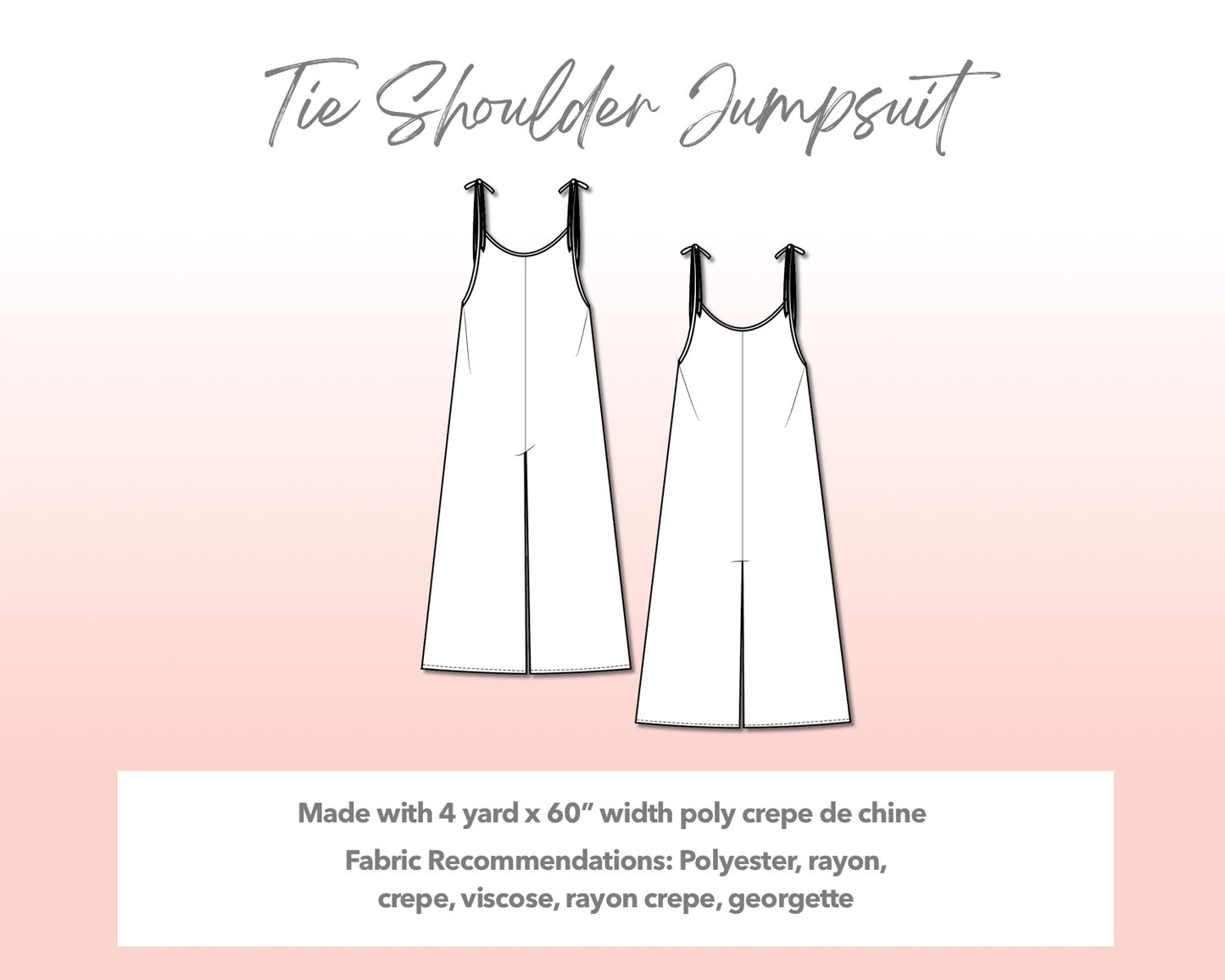 Illustration and detailed description for Plus Size Tie Shoulder Jumpsuit sewing pattern.