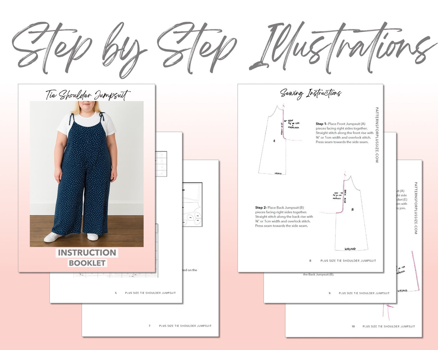 Plus Size Tie Shoulder Jumpsuit sewing pattern step by step illustrations.