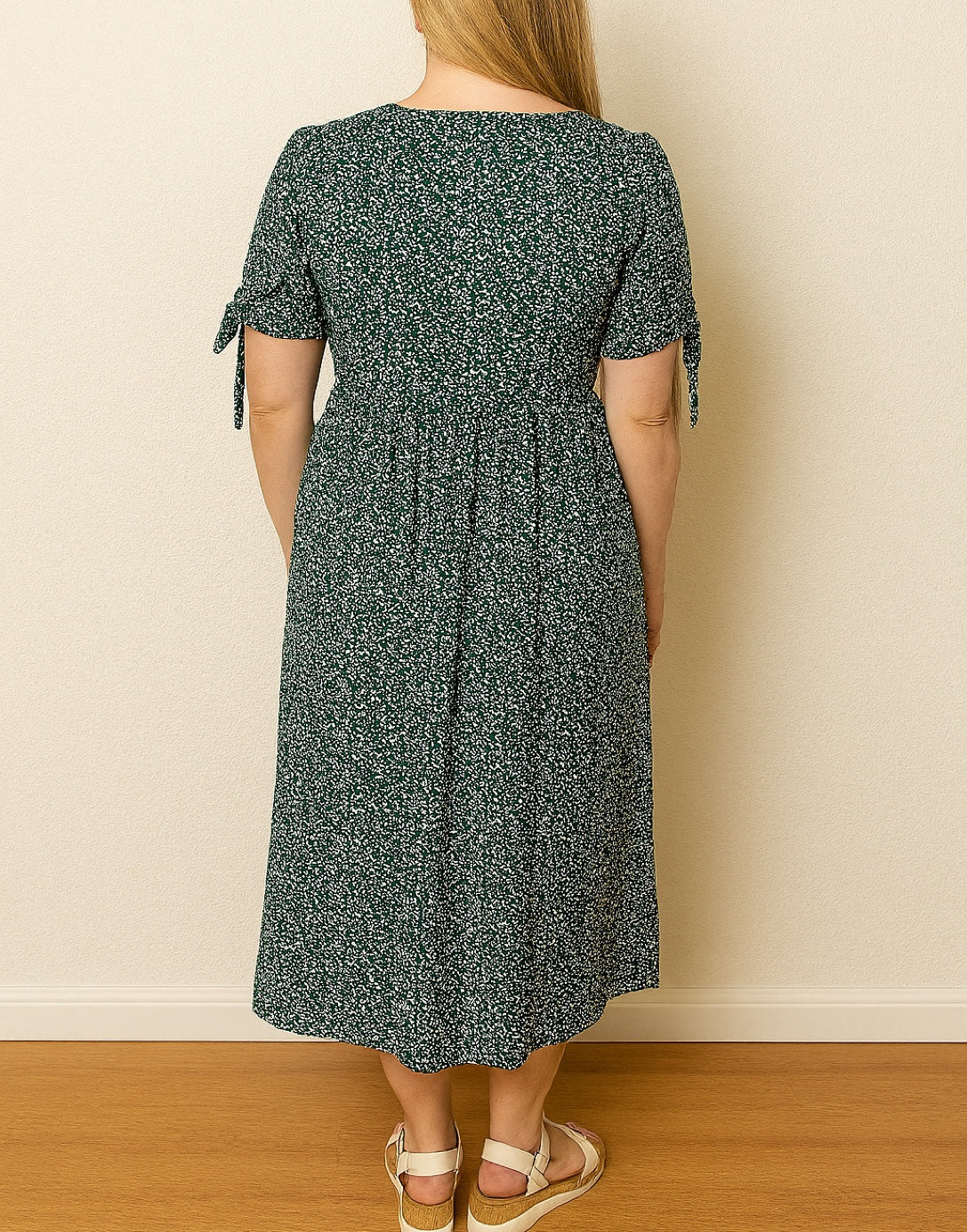 Back view of Plus Size Tie Sleeve Button Front Midi Dress.