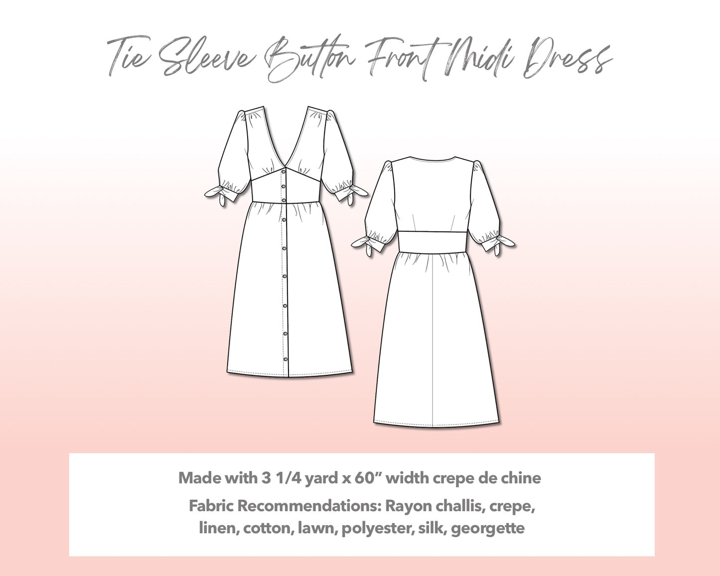 Illustration and detailed description for Plus Size Tie Sleeve Button Front Midi Dress sewing pattern.