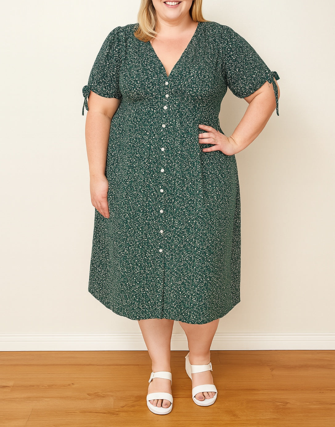 Front view of Plus Size Tie Sleeve Button Front Midi Dress.