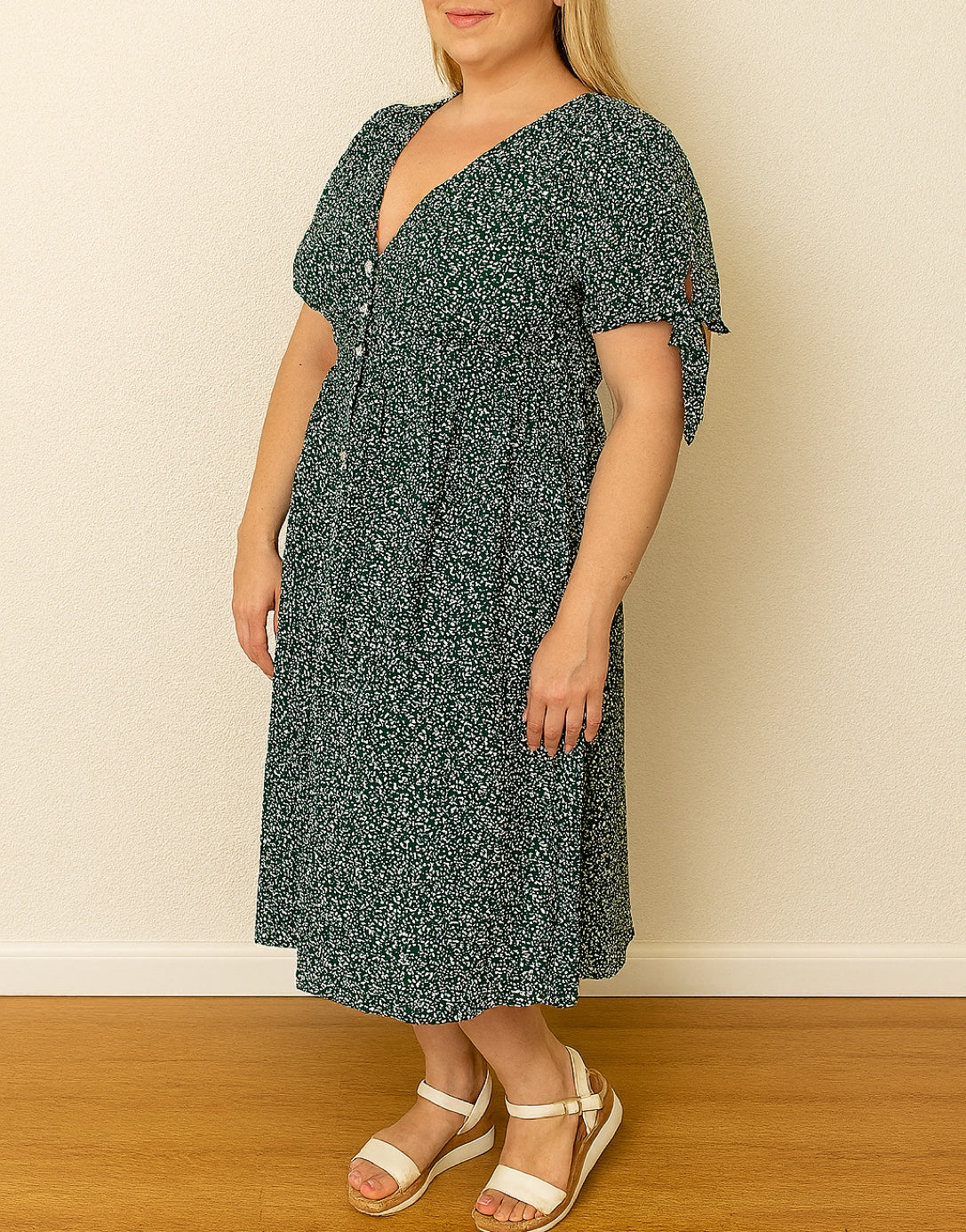 Side view of Plus Size Tie Sleeve Button Front Midi Dress.