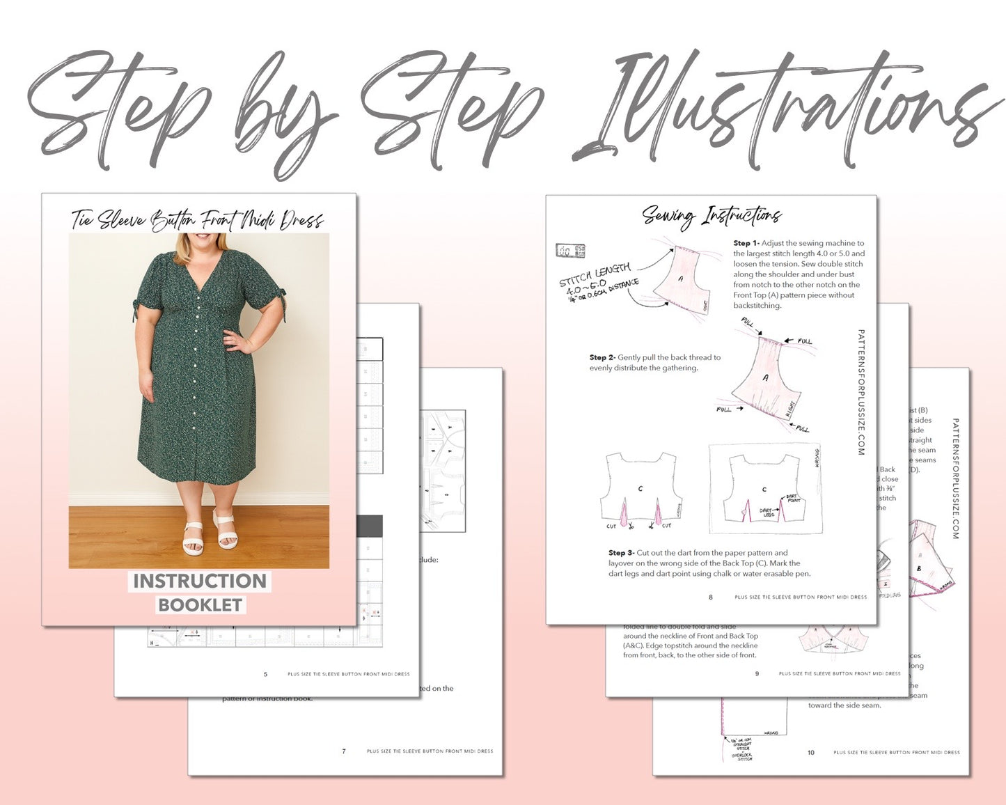Plus Size Tie Sleeve Button Front Midi Dress sewing pattern step by step illustrations.