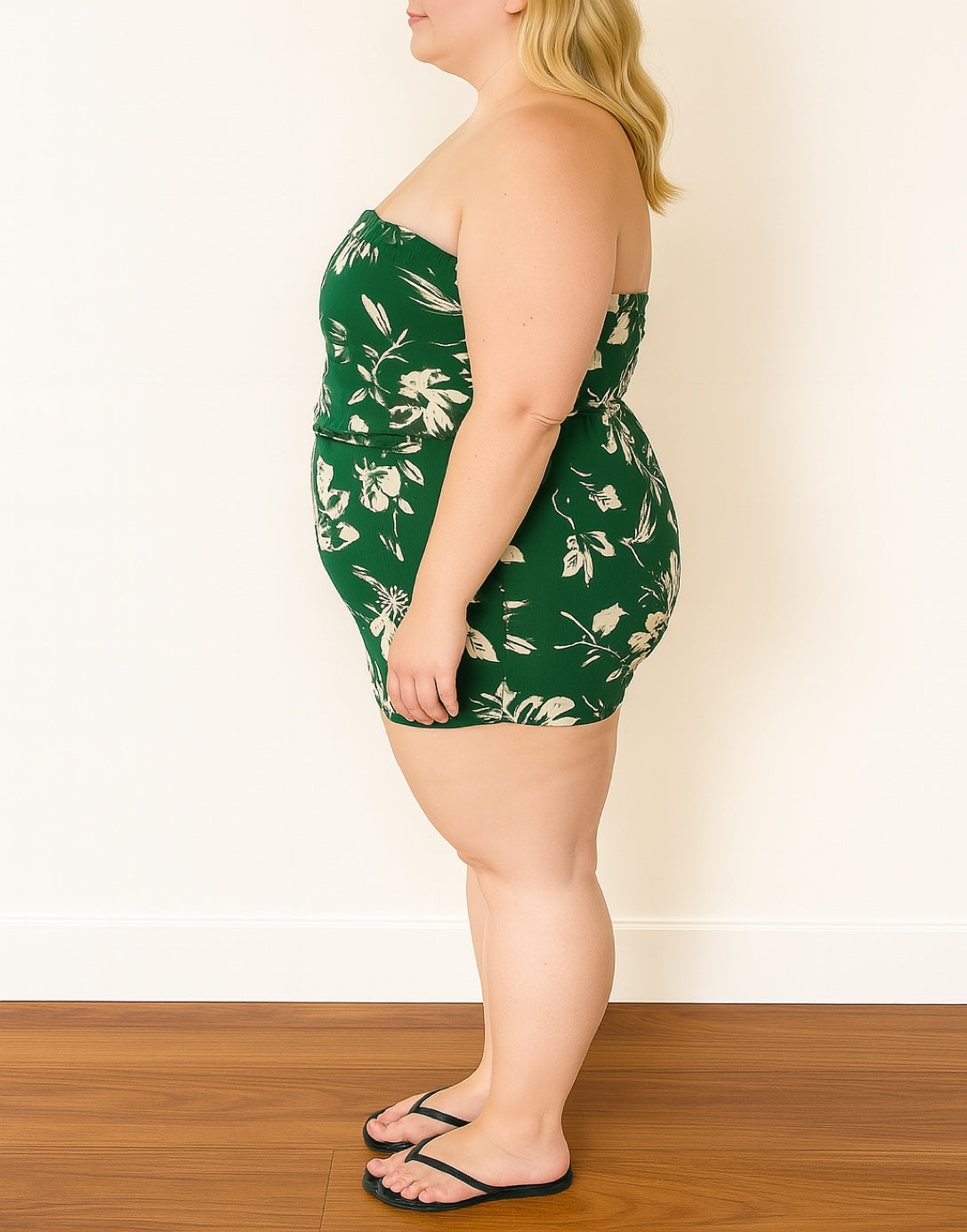 Side view of Plus Size Tube Romper.