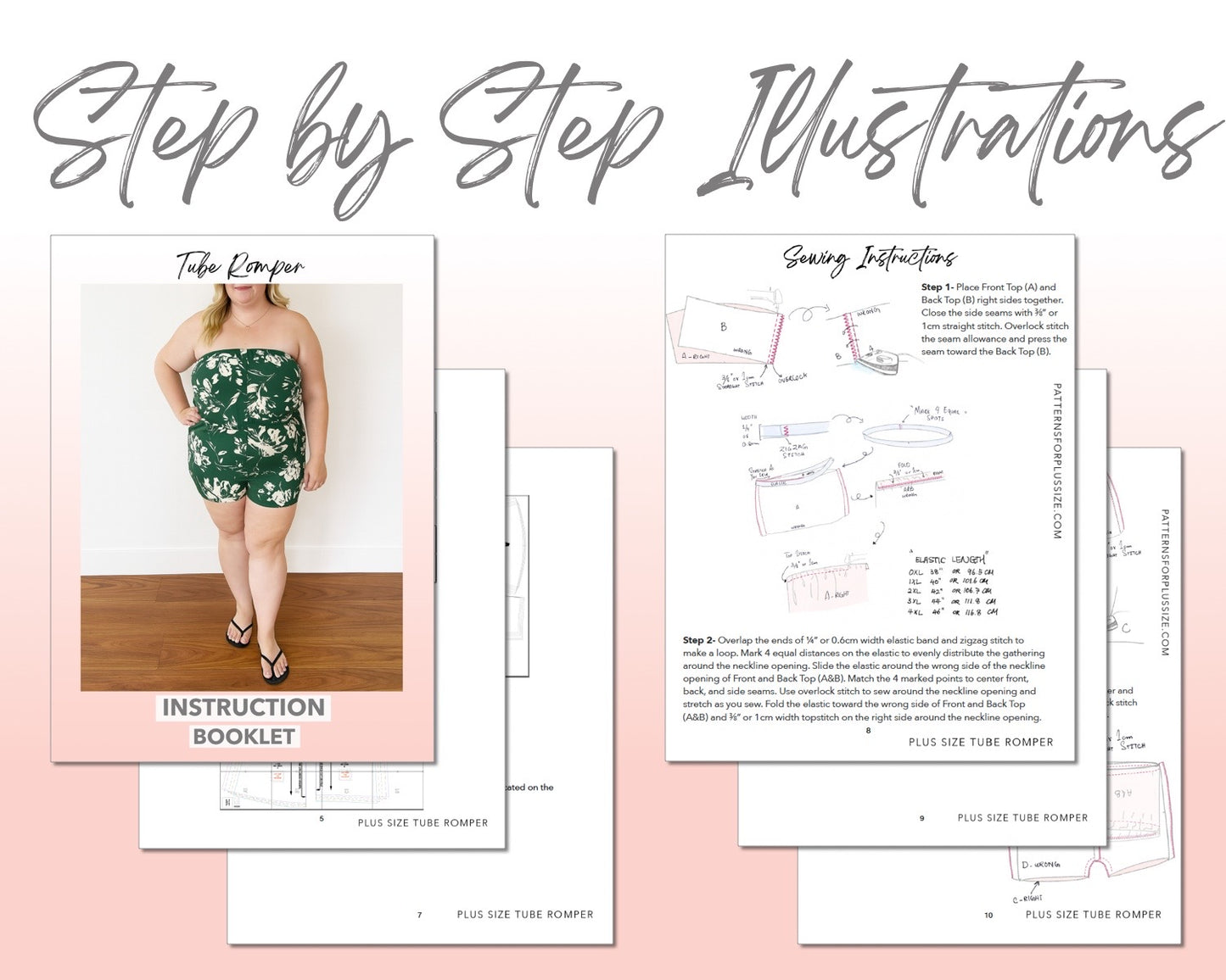 Plus Size Tube Romper sewing pattern step by step illustrations.