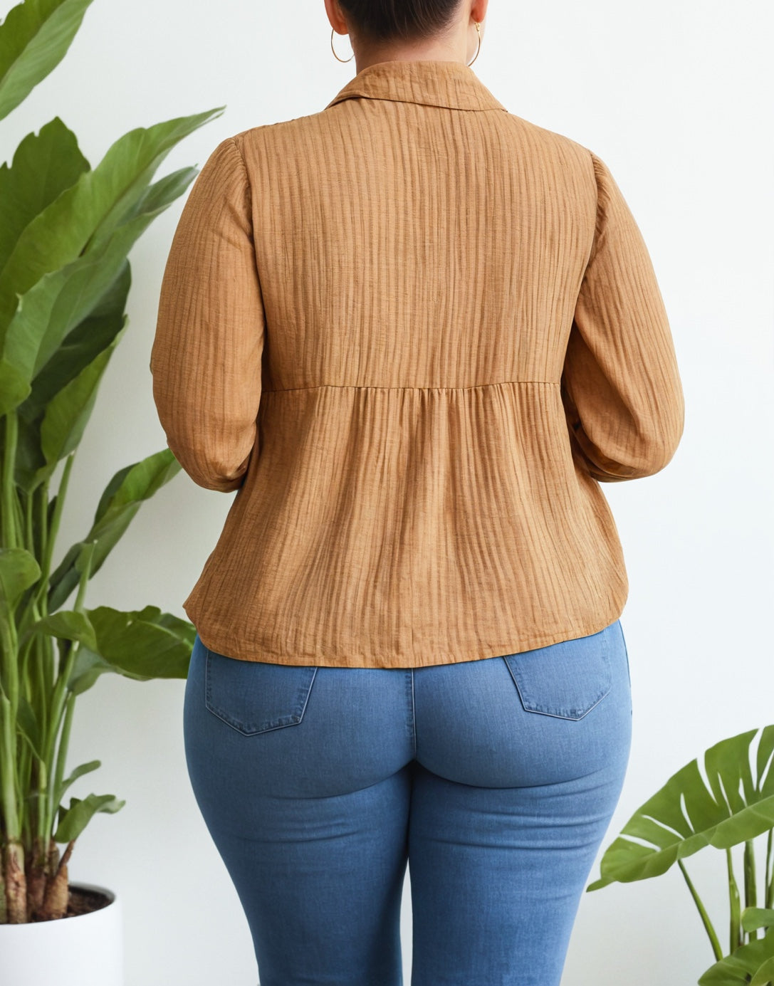 Back view of Plus Size V-Neck Gathered Babydoll Blouse.