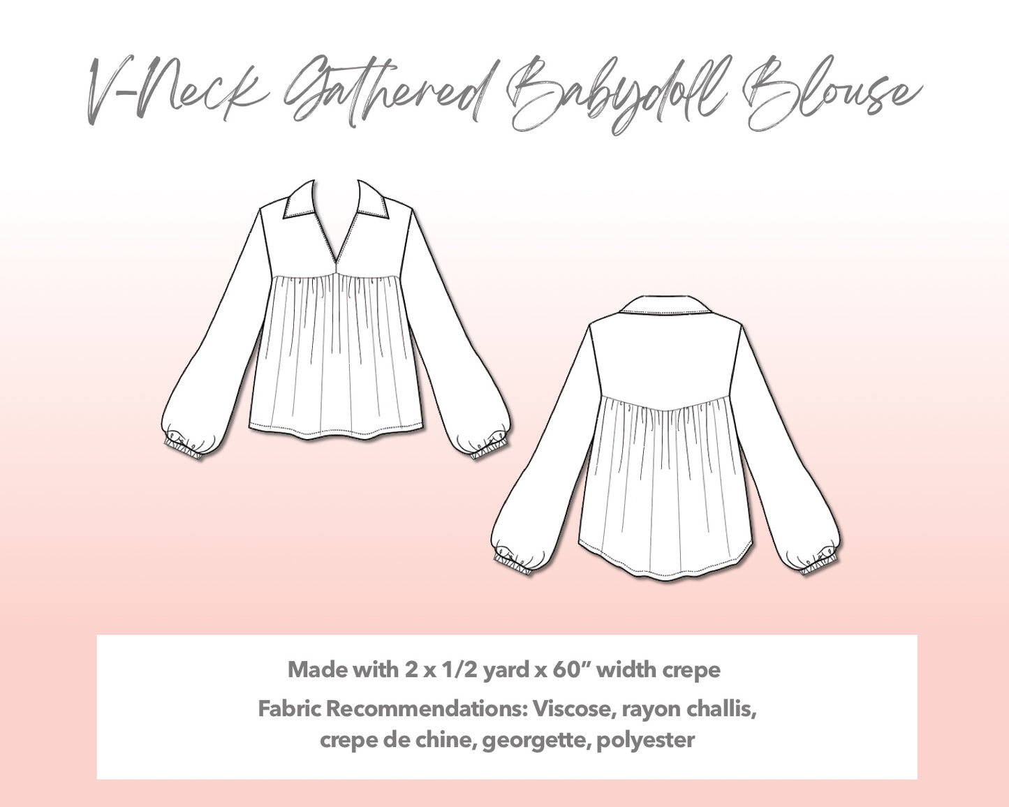 Illustration and detailed description for Plus Size V-Neck Gathered Babydoll Blouse sewing pattern.