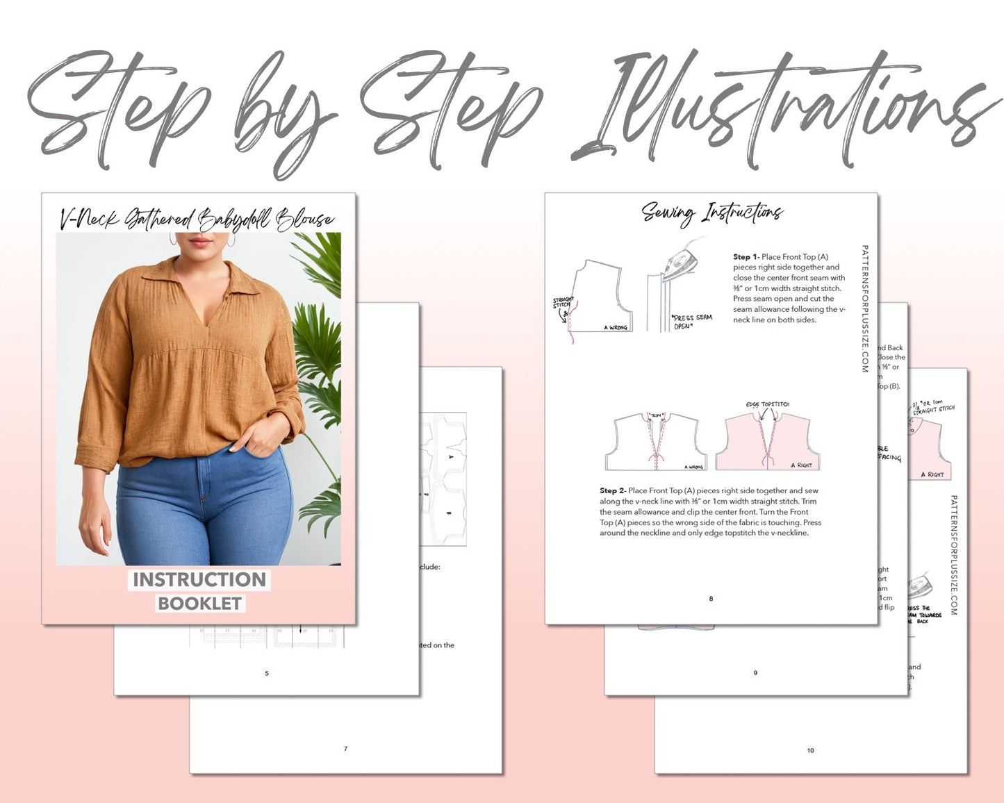Plus Size V-Neck Gathered Babydoll Blouse sewing pattern step by step illustrations.
