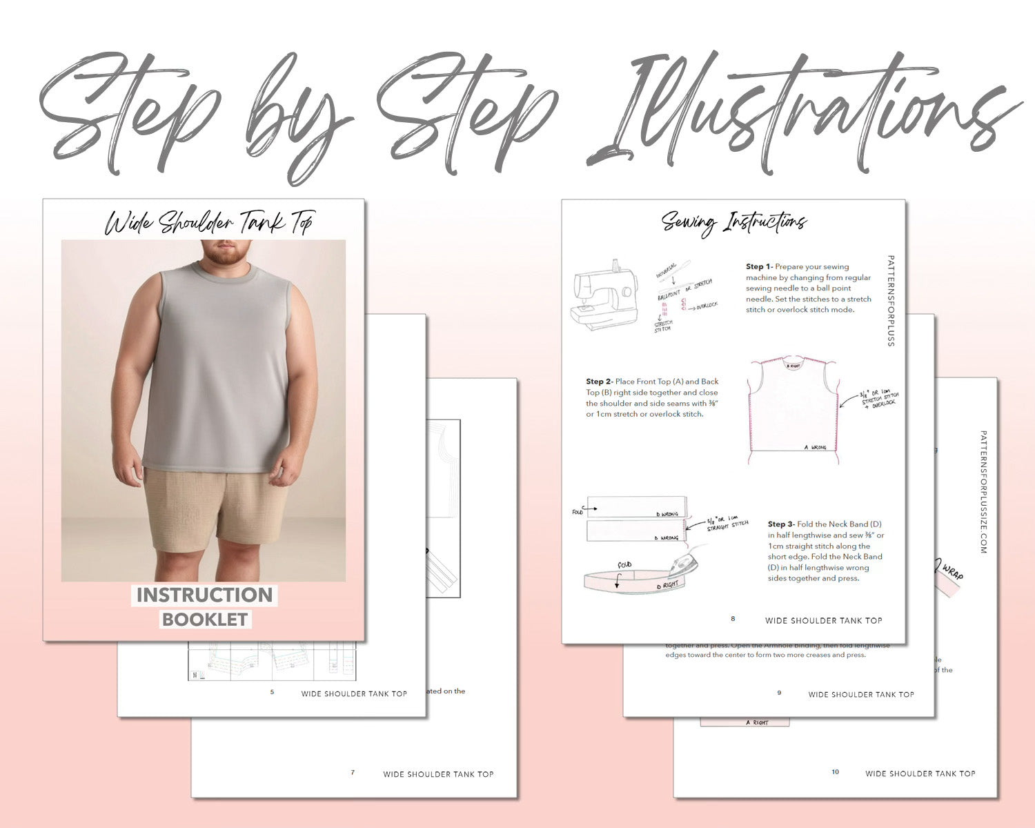 Wide Shoulder Tank Top sewing pattern step by step illustrations.