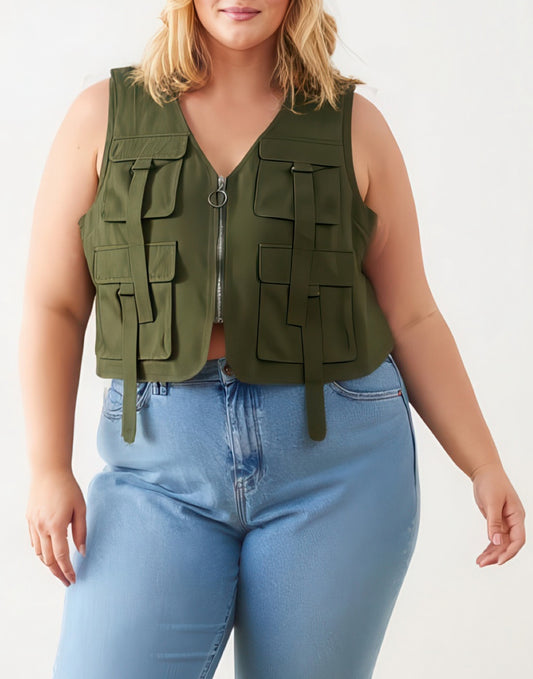 Front view of Plus Size Women Cargo Pocket Vest.