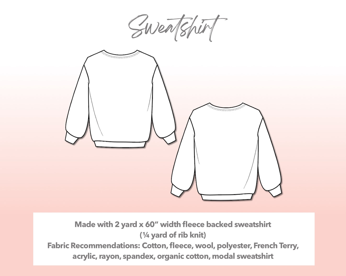 Illustration and detailed description for Plus Size Womens Sweatshirt sewing pattern.
