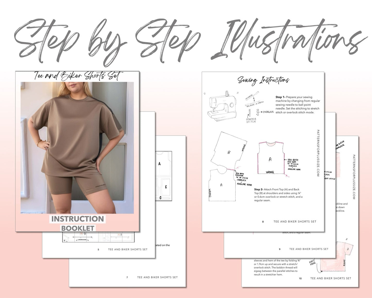 Plus Size Tee and Biker Shorts Set sewing pattern step by step illustrations.