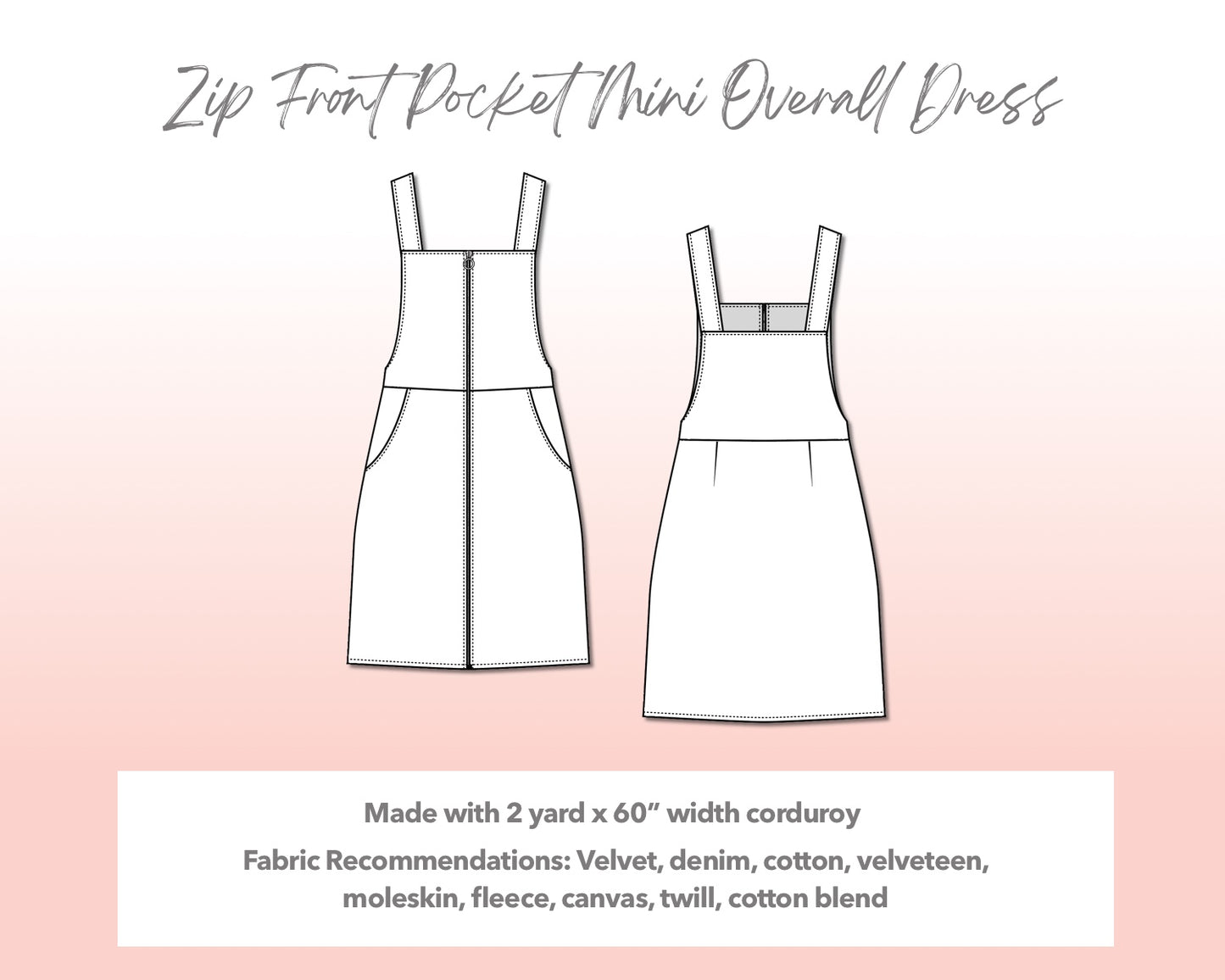 Illustration and detailed description for Plus Size Zip Front Pocket Mini Overall Dress sewing pattern.