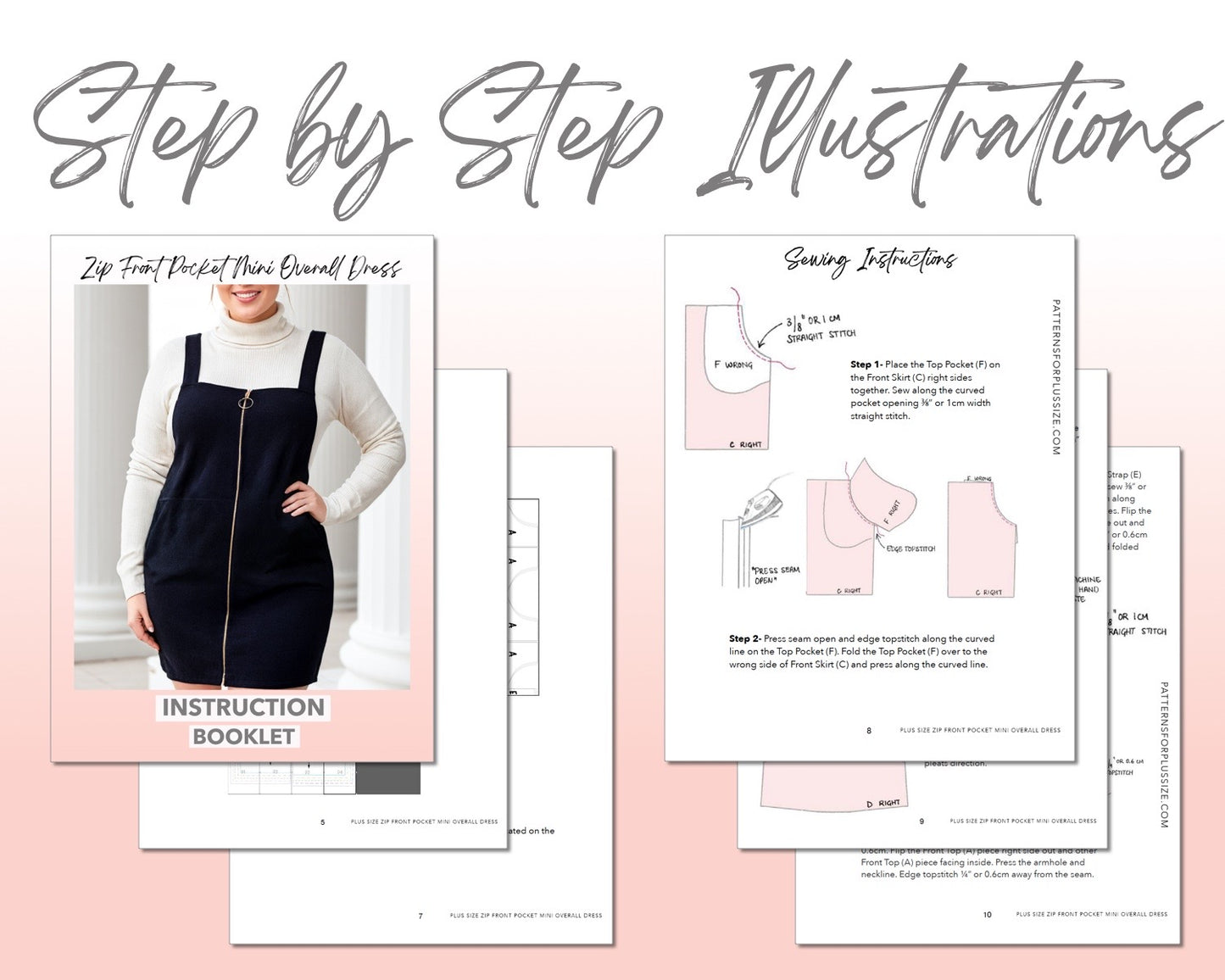 Plus Size Zip Front Pocket Mini Overall Dress sewing pattern step by step illustrations.