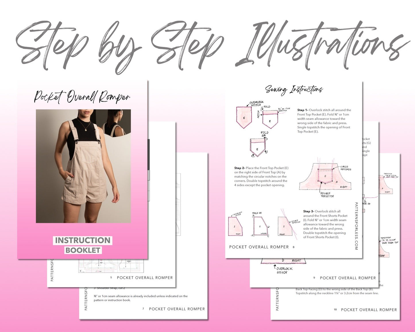 Pocket Overall Romper sewing pattern step by step illustrations.
