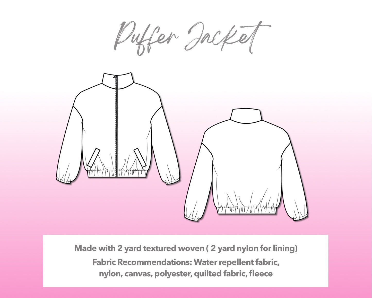 Illustration and detailed description for Puffer Jacket sewing pattern.