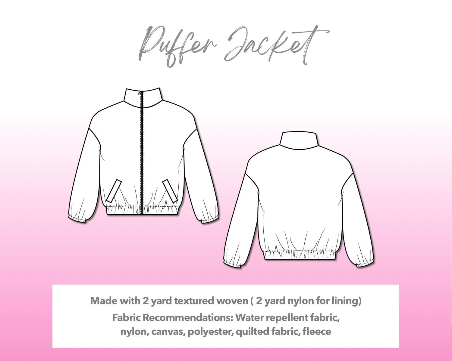 Illustration and detailed description for Puffer Jacket sewing pattern.