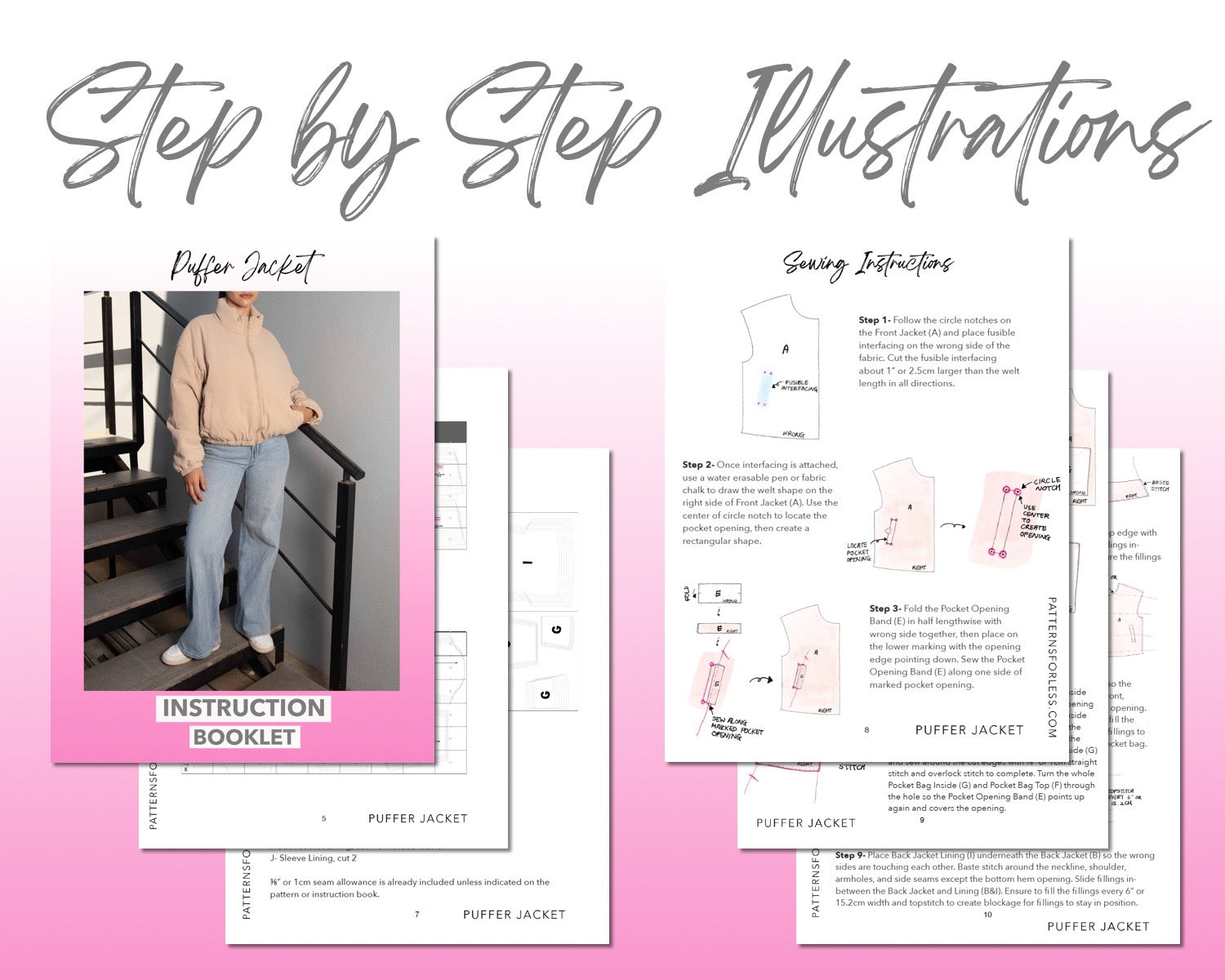Puffer Jacket sewing pattern step by step illustrations.