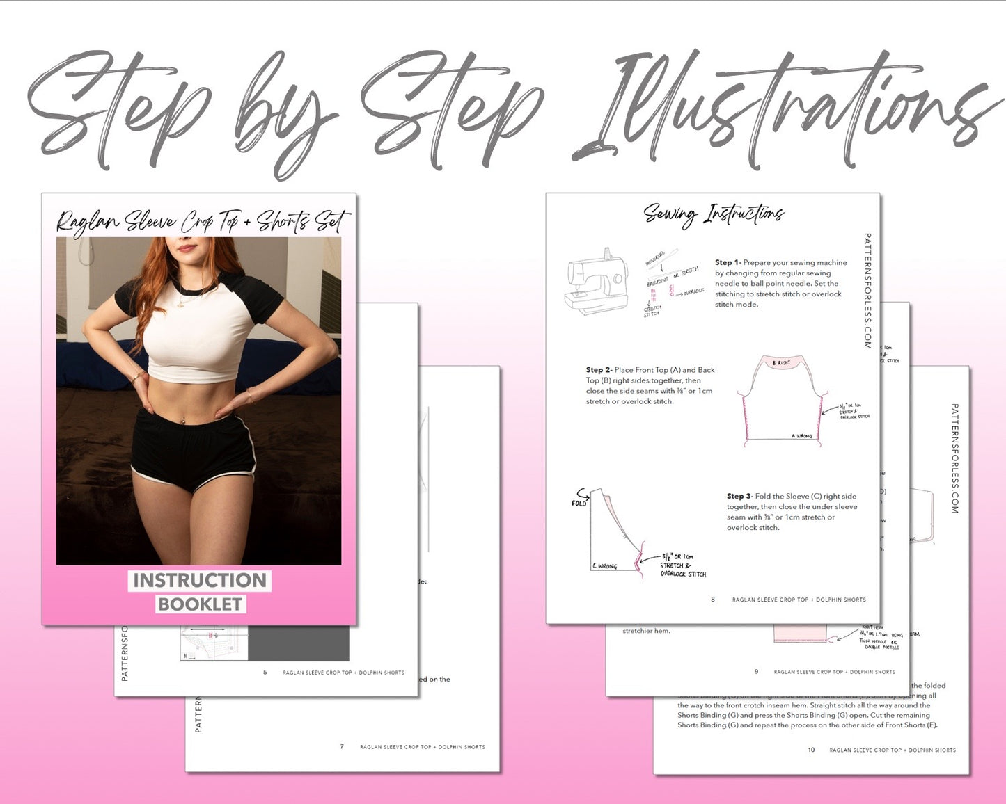 Raglan Sleeve Crop Top and Dolphin Shorts sewing pattern step by step illustrations.