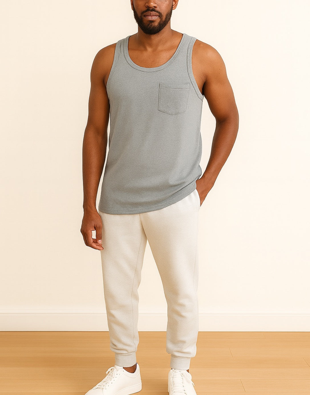 Man wearing a gray Round Neck Pocket Tank Top and white pants on a beige background