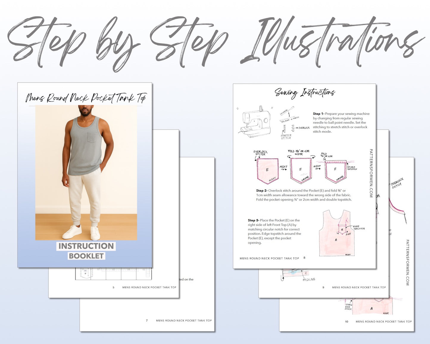 Mens Round Neck Pocket Tank Top sewing pattern instruction booklet showing step by step illustrations to make the garment.
