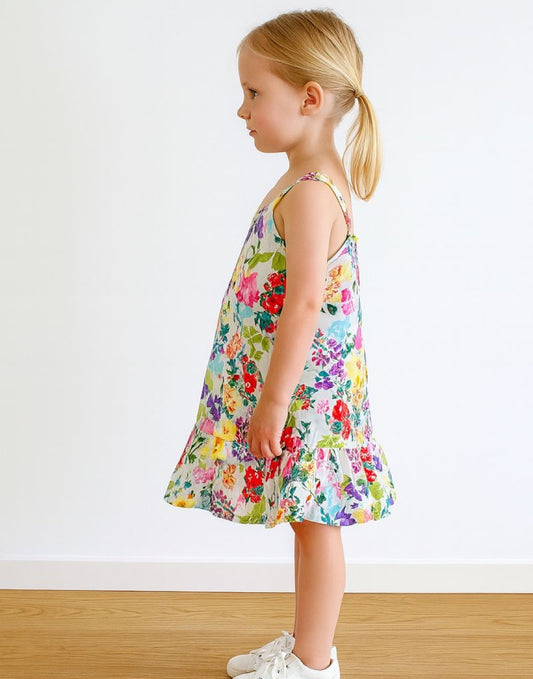 Side view of young girl wearing a colorful floral Ruffle Hem Cami Dress against a white background.