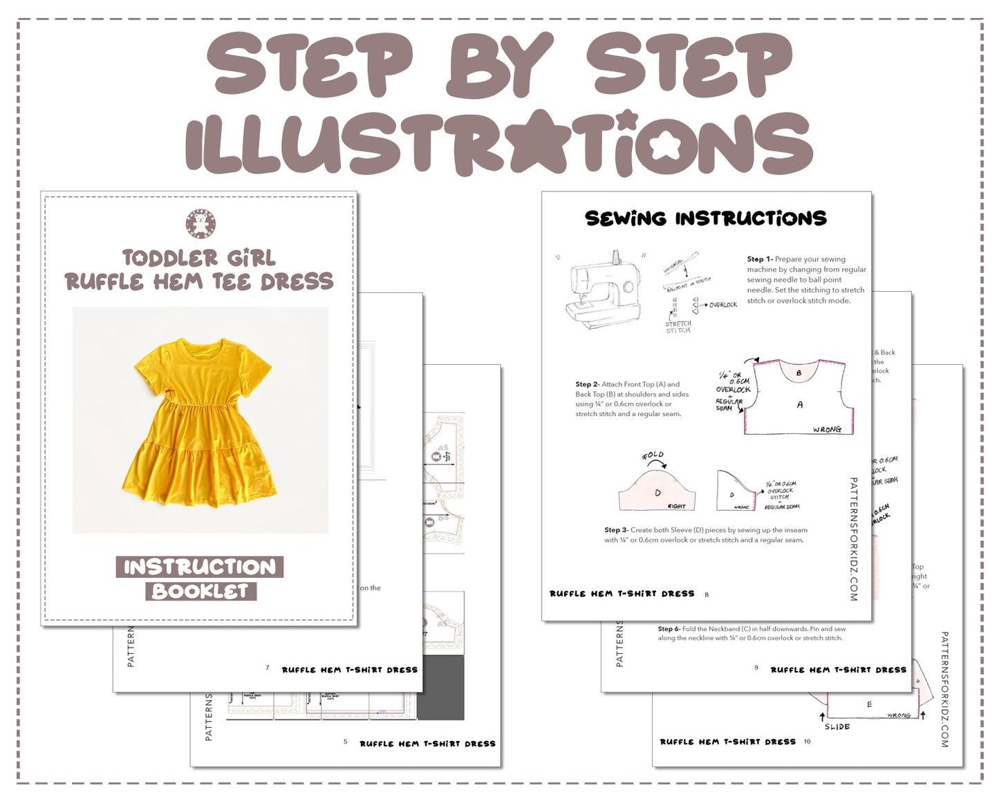 Ruffle Hem T-Shirt Dress sewing pattern step by step illustrations.