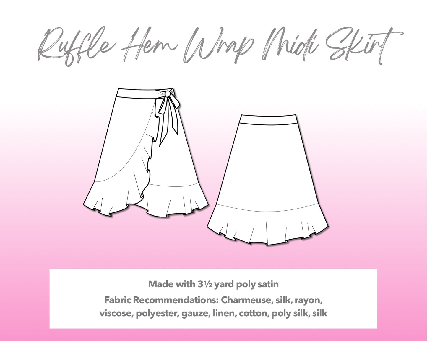 Illustration and detailed description for Ruffle Hem Wrap Midi Skirt sewing pattern.