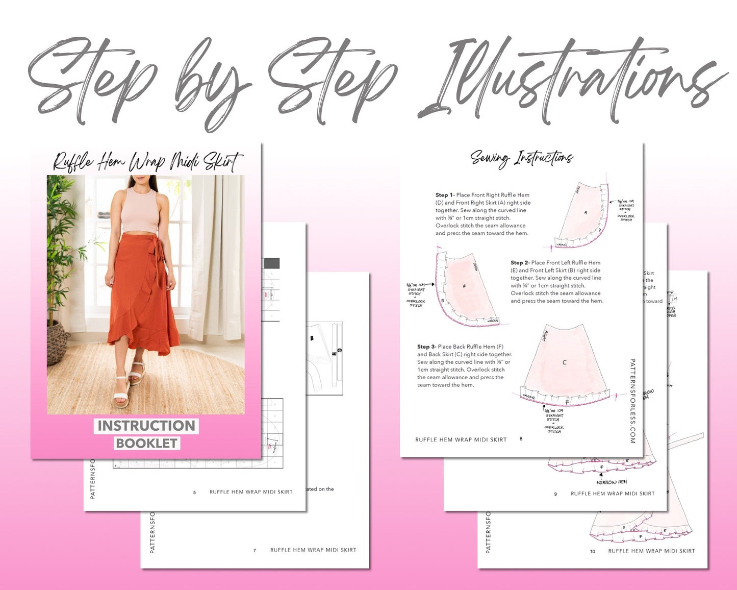 Ruffle Hem Wrap Midi Skirt sewing pattern step by step illustrations.