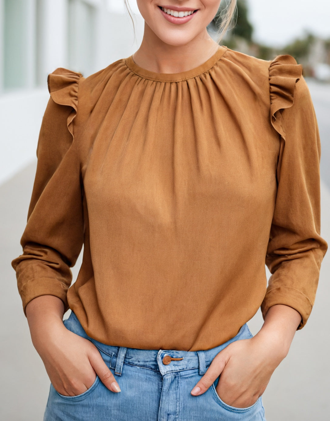 Front view of Ruffle Trim Button Back Blouse.