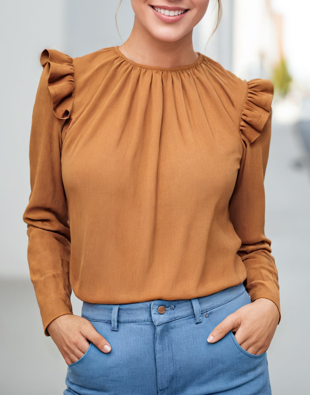 Side view of Ruffle Trim Button Back Blouse.