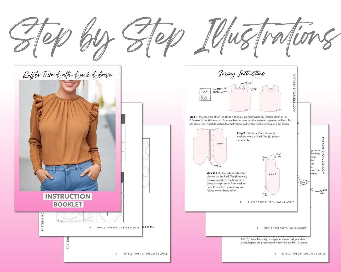 Ruffle Trim Button Back Blouse sewing pattern step by step illustrations.