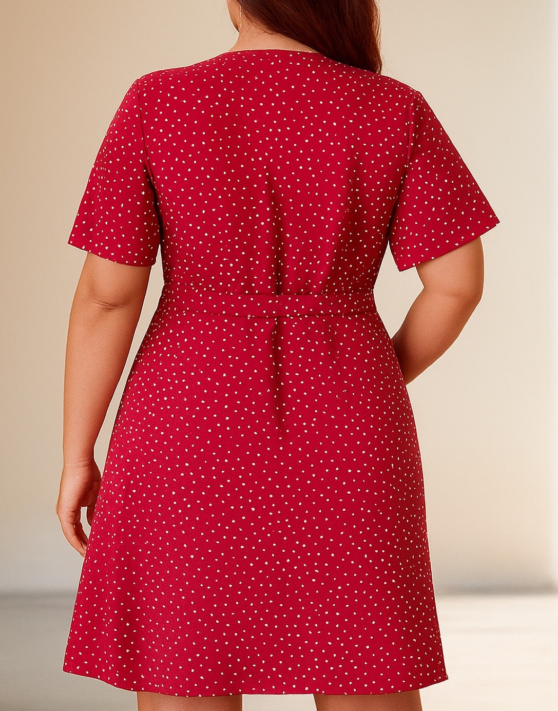 Back view of Ruffle Hem Wrap Mini Dress.