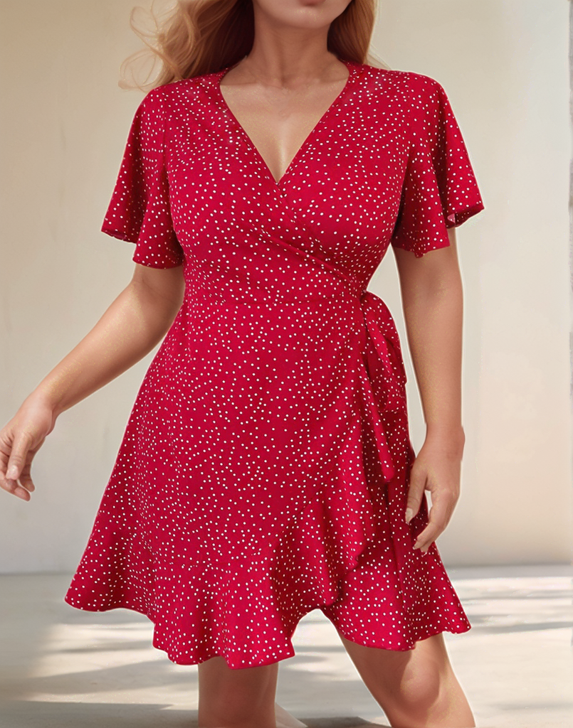 Front view of Ruffled Hem Wrap Mini Dress.