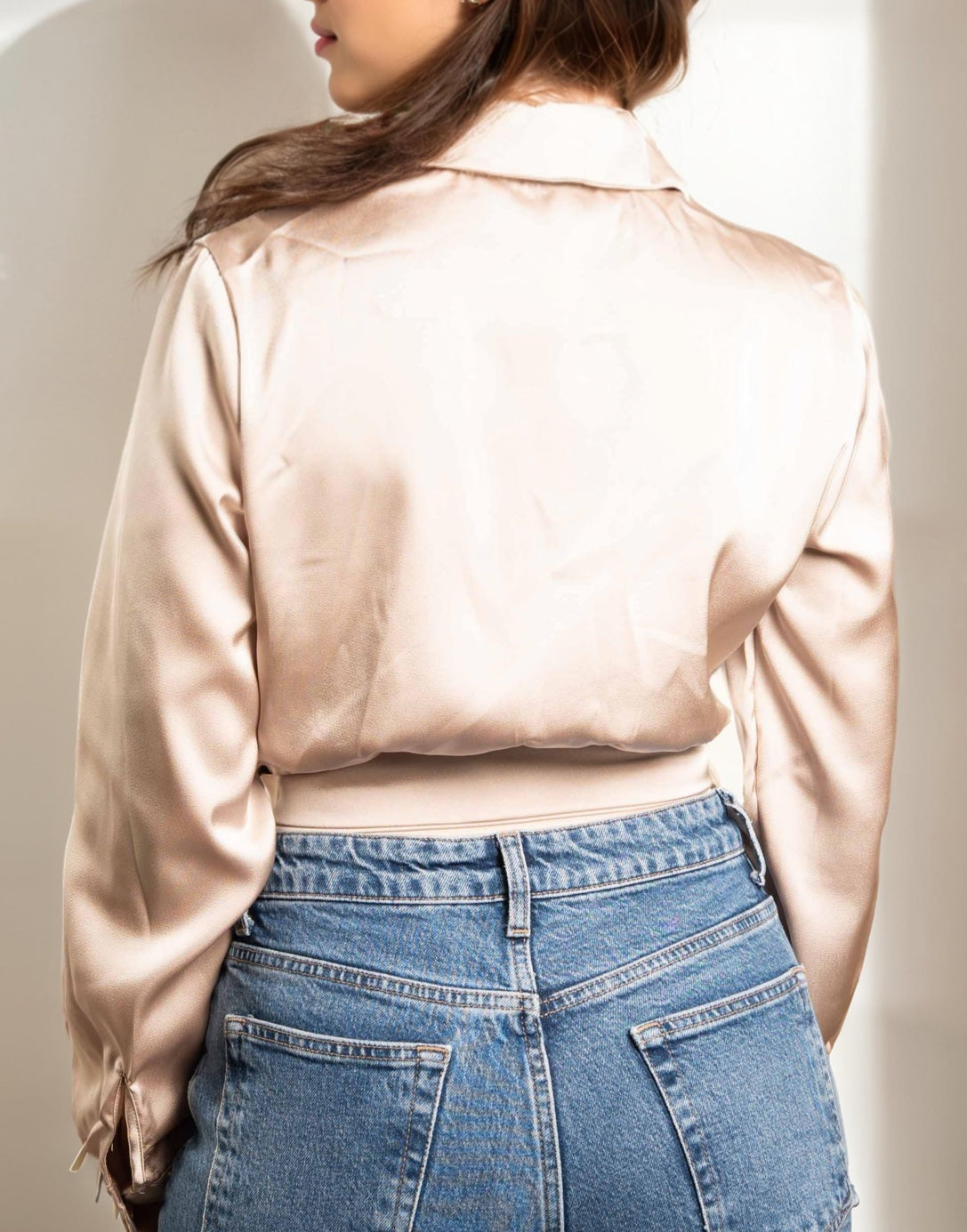 Back view of Shawl Collar Wrap Blouse.