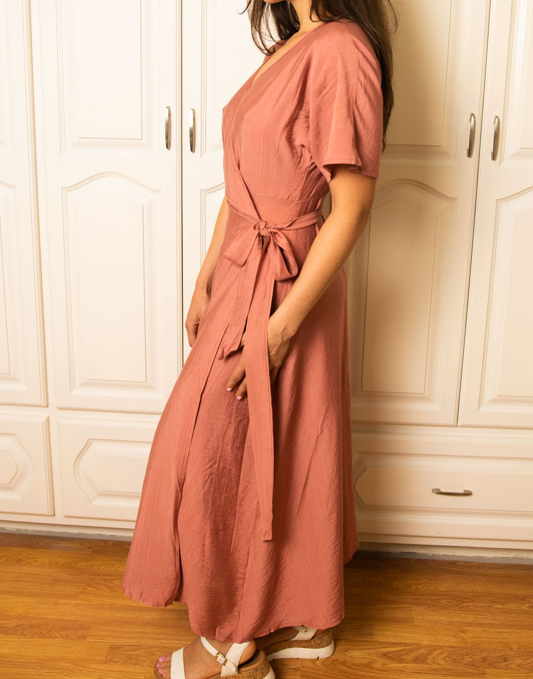 Side view of Kimono Sleeve Wrap Maxi Dress.