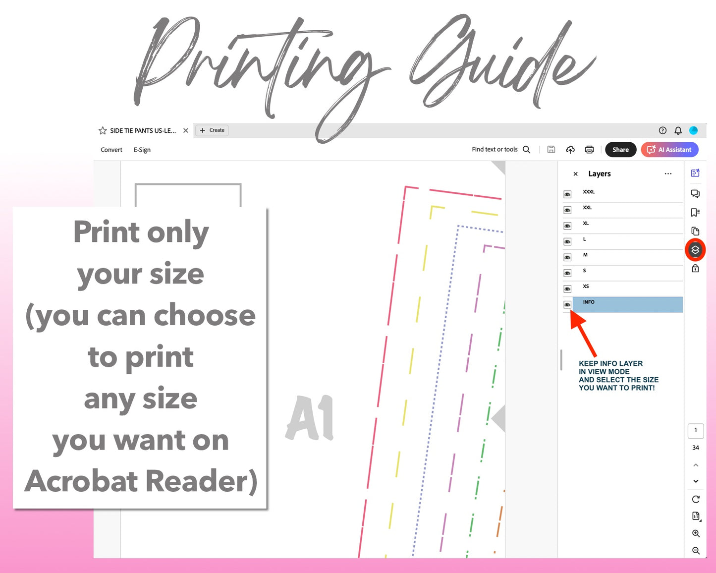 Side Tie Pants sewing pattern printing guide.