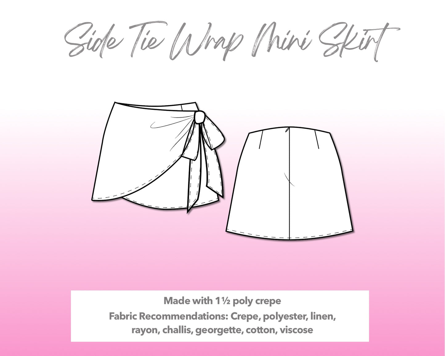 Illustration and detailed description for Side Tie Wrap Mini Skirt sewing pattern.