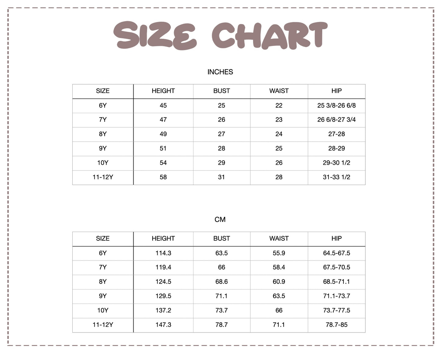 Patterns For Kidz size chart.