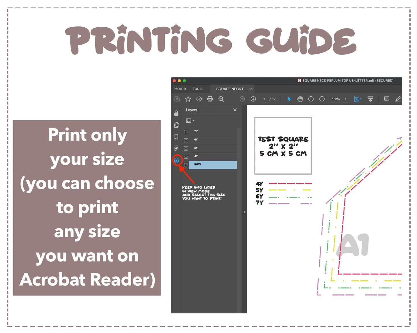 Square Neck Short Sleeve Peplum Top sewing pattern printing guide.
