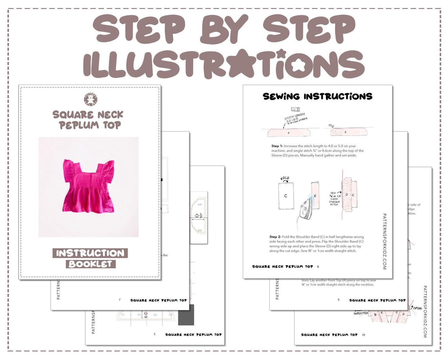 Square Neck Short Sleeve Peplum Top sewing pattern step by step illustrations.