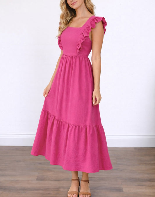 Side view of woman wearing a pink Square Neck Maxi Dress with ruffled sleeves on a white background.