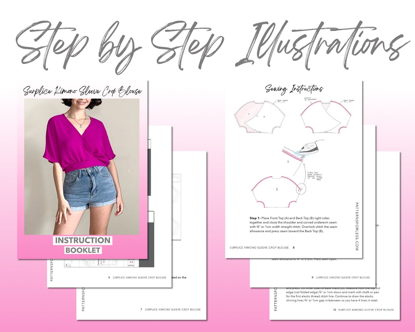 Surplice Kimono Sleeve Crop Blouse sewing pattern step by step illustrations.