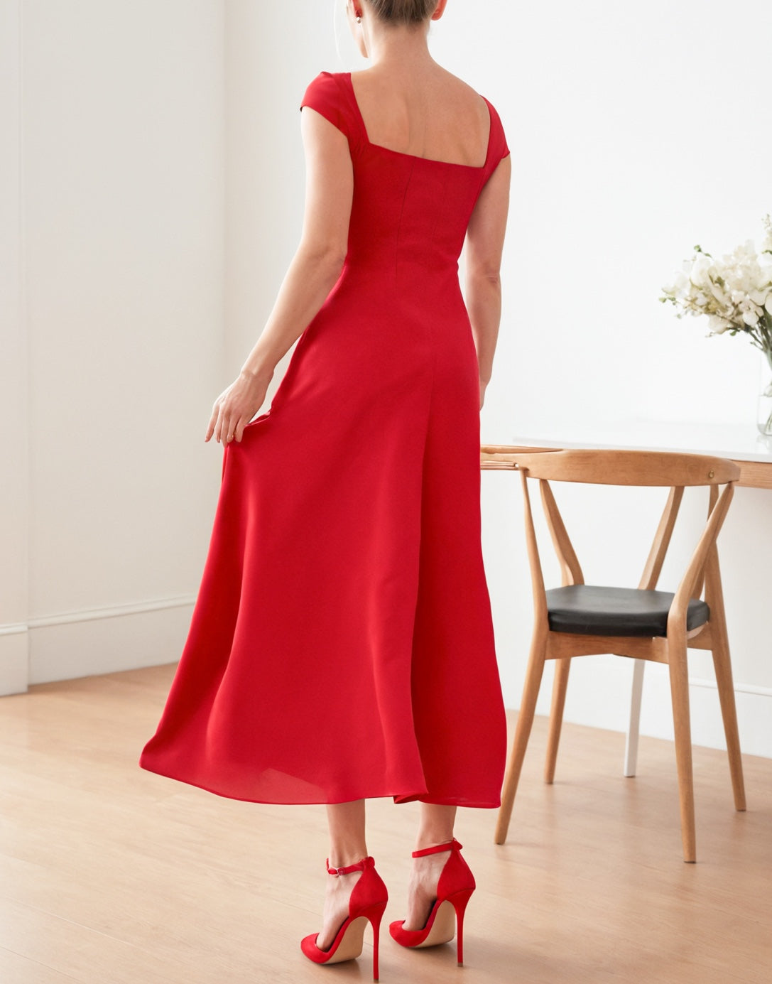 Back view of Sweetheart Cap Sleeve Midi Dress.