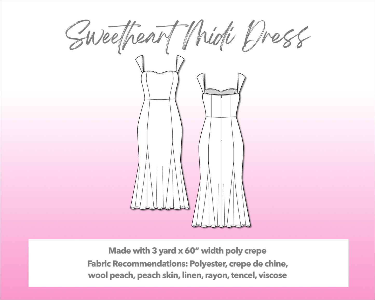 Illustration and detailed description for Sweetheart Cap Sleeve Midi Dress sewing pattern.