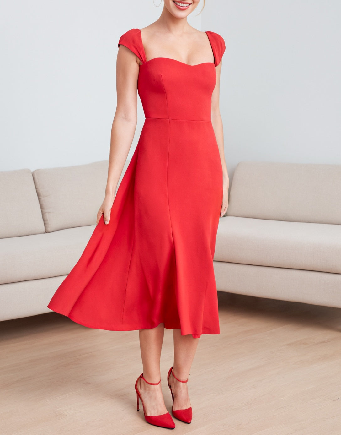 Side view of Sweetheart Cap Sleeve Midi Dress.