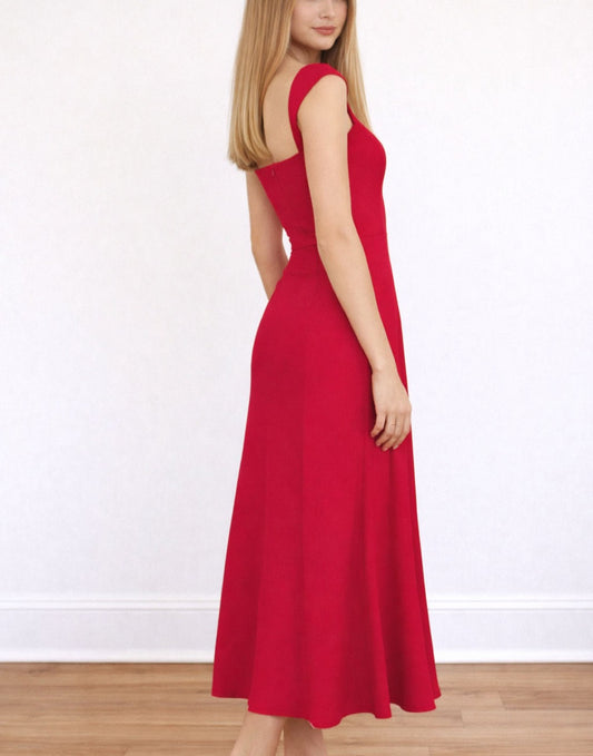 Side view of woman wearing a red Sweetheart Cap Sleeve Midi Dress on a white background.