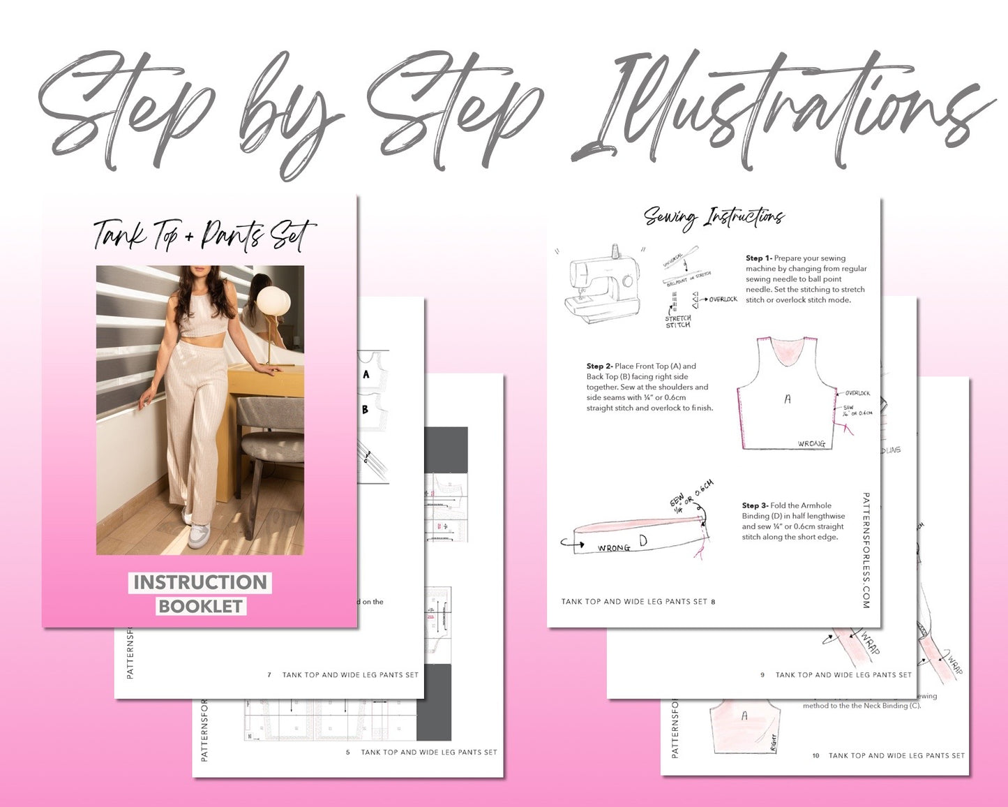 Tank Top And Wide Leg Pants Set sewing pattern step by step illustrations.
