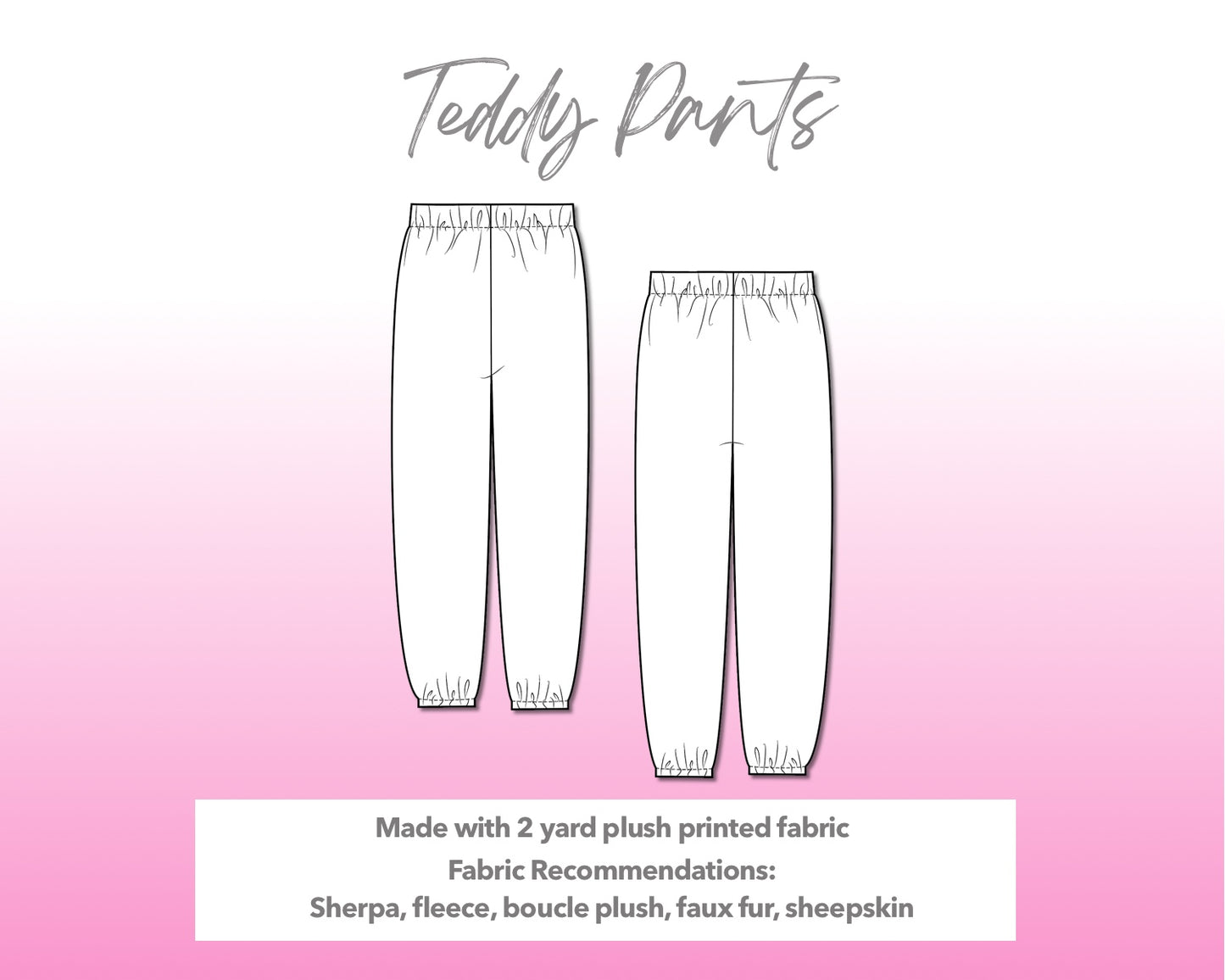 Illustration and detailed description for Teddy Pants sewing pattern.